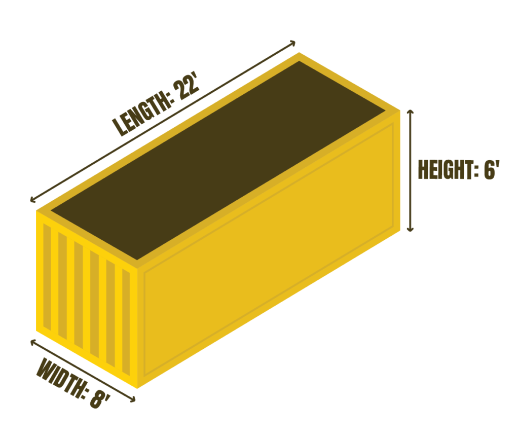 Illustration of a 22-foot long, 8-foot wide, 6-foot high garbage bin for junk removal and bin rental services in Canada