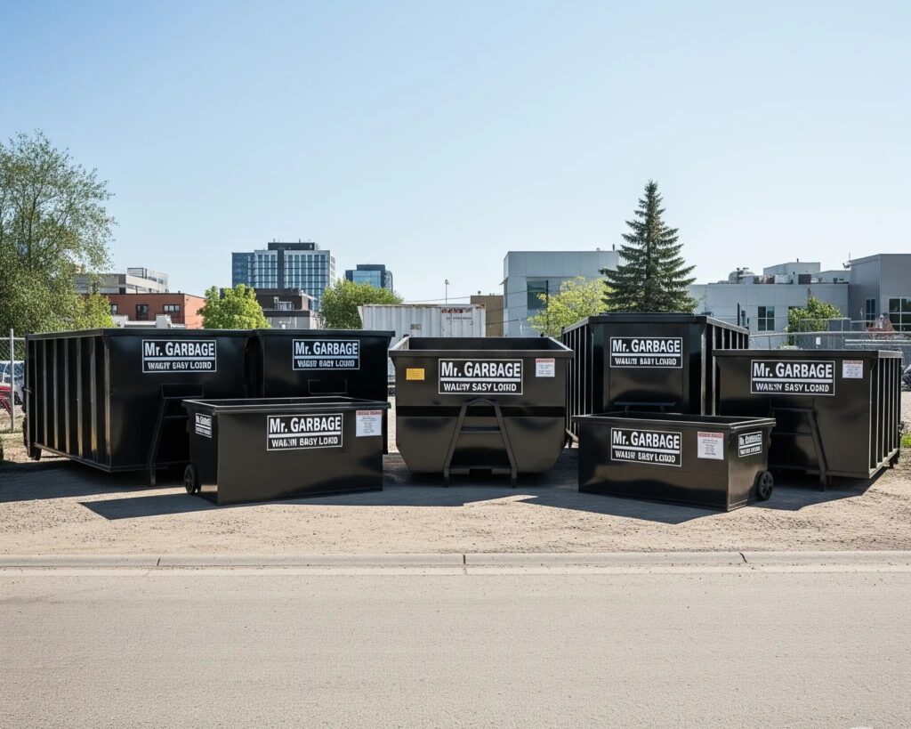 Walk-in garbage removal containers lined up for rental service in Winnipeg by Mr. Garbage"