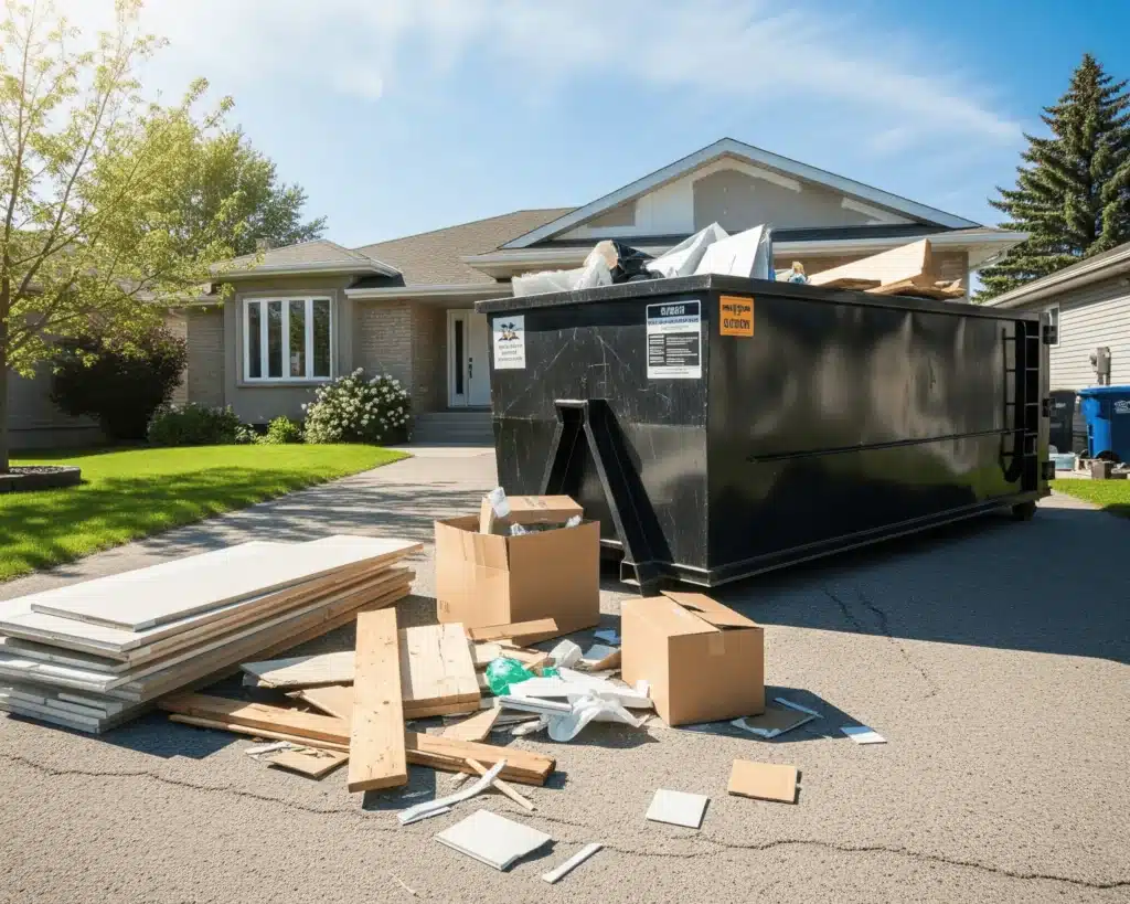 Walk-in waste bin rental delivered to residential driveway in Winnipeg during home renovation project.