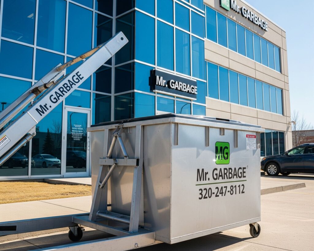 Commercial garbage bin being delivered to a Winnipeg business site
