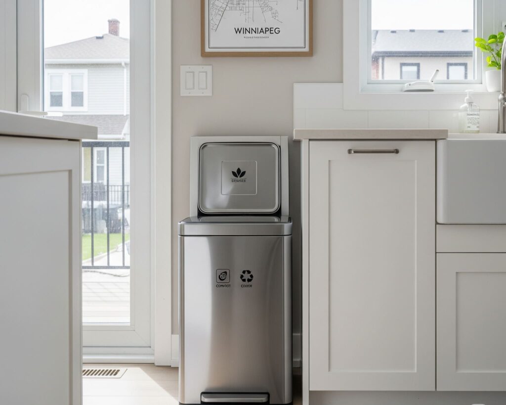 Modern kitchen in a Winnipeg home with a stainless steel garbage bin under the counter