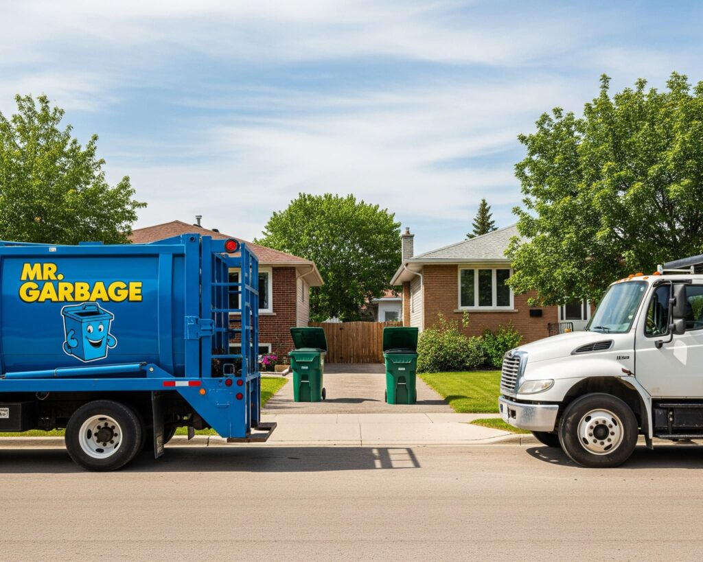 Local garbage bin rental trucks and large waste containers in a Winnipeg neighborhood, showing Mr. Garbage and Bin There Dump That services.