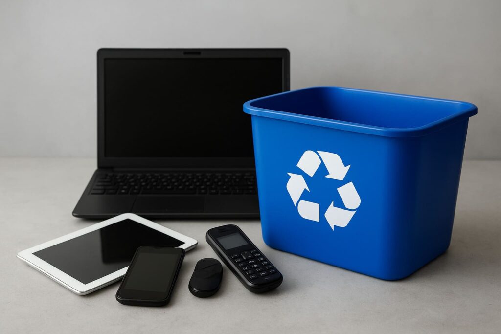 A digital photograph showing a collection of old electronic waste items, including a broken laptop, computer parts, cables, and circuit boards, placed together on a light surface