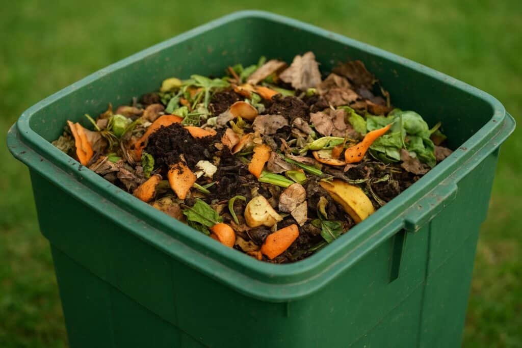 A close-up photo showing organic compost made of food scraps, fruit peels, and vegetable waste in a natural outdoor setting
