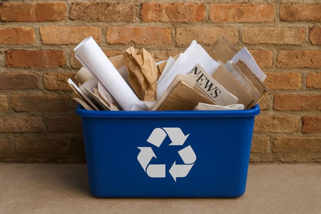 A photo of a blue recycling bin filled with paper waste, including newspapers and shredded paper, placed outdoors on a clean surface