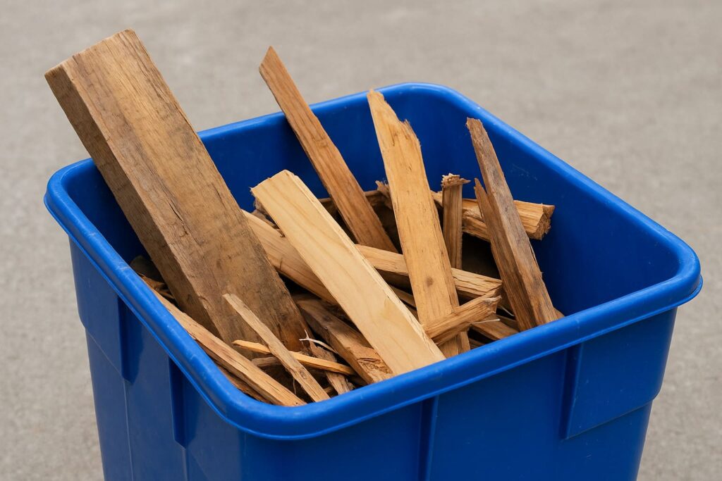 A high-resolution photo showing a pile of wooden planks and scrap wood pieces stacked in a recycling yard, representing wood waste recycling and sustainable waste management in Winnipeg.