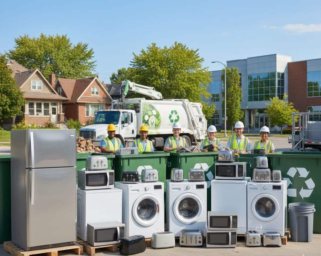 Eco-friendly appliance recycling in Winnipeg showing large and small household appliances like refrigerators, washing machines, and microwaves being collected for responsible disposal at a local recycling facility.