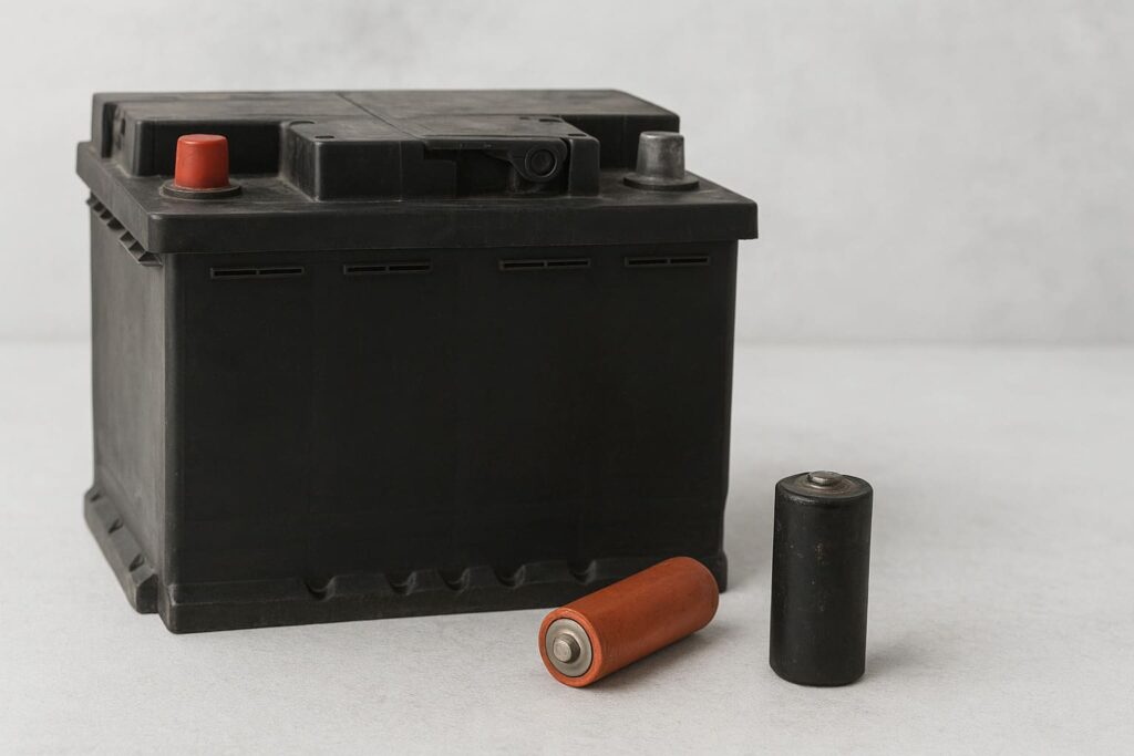 A close-up photo showing a large black car battery placed on a light gray surface with two smaller cylindrical batteries