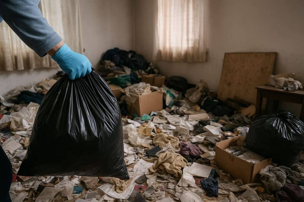 ChatGPT said: A cluttered living room filled with piles of household items and boxes, showing the before stage of a professional hoarding cleanup service in Winnipeg, Manitoba.