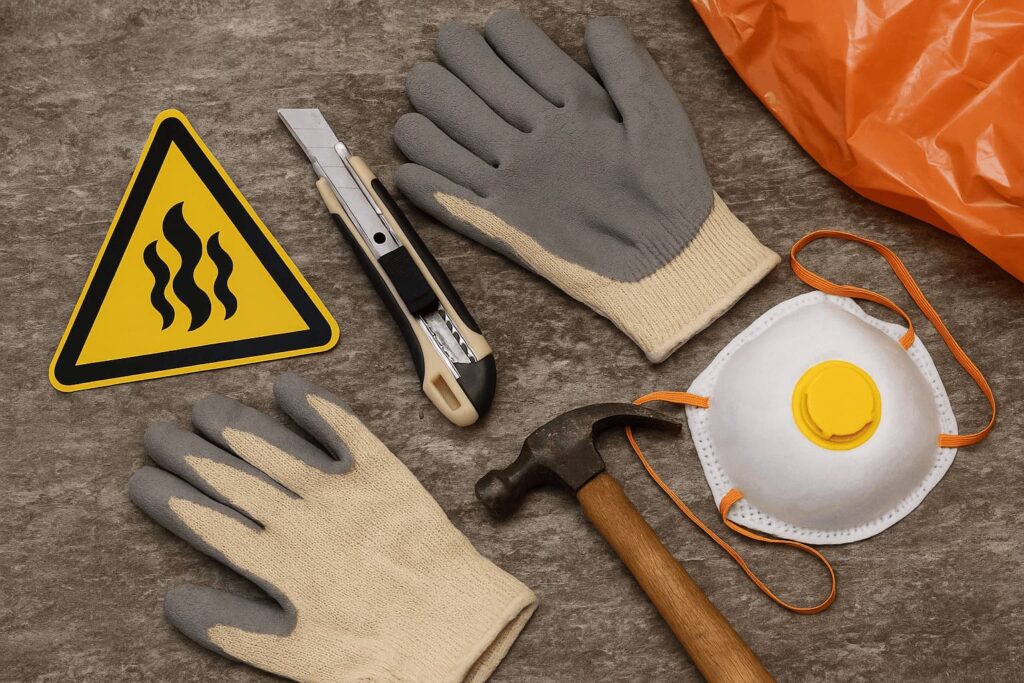 A set of asbestos removal safety tools including gloves, mask, warning sign, and containment materials arranged on a work surface, representing safe asbestos disposal in Winnipeg.