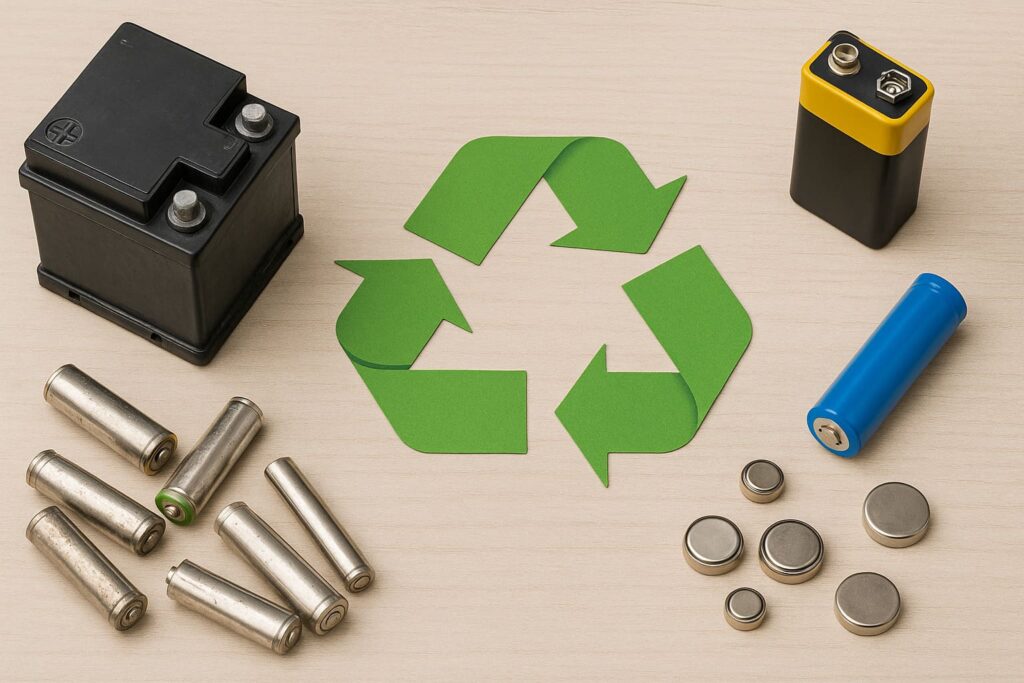 A collection of used household batteries, lithium batteries, button cells, and a car battery placed around a green recycling symbol on a wooden surface, representing battery disposal and recycling in Winnipeg.