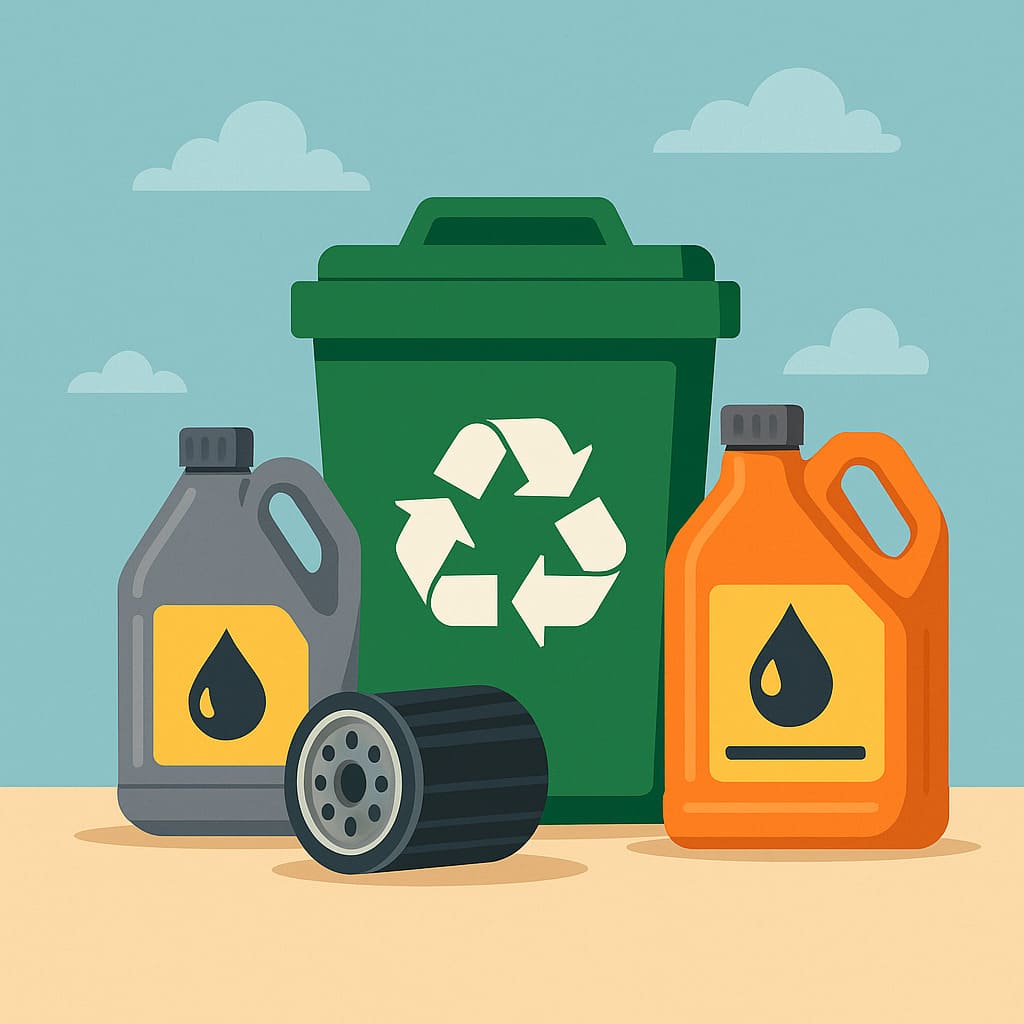 Vector illustration showing used motor oil containers, an oil filter, and a green recycling bin, representing safe motor oil recycling options for homeowners in Winnipeg.