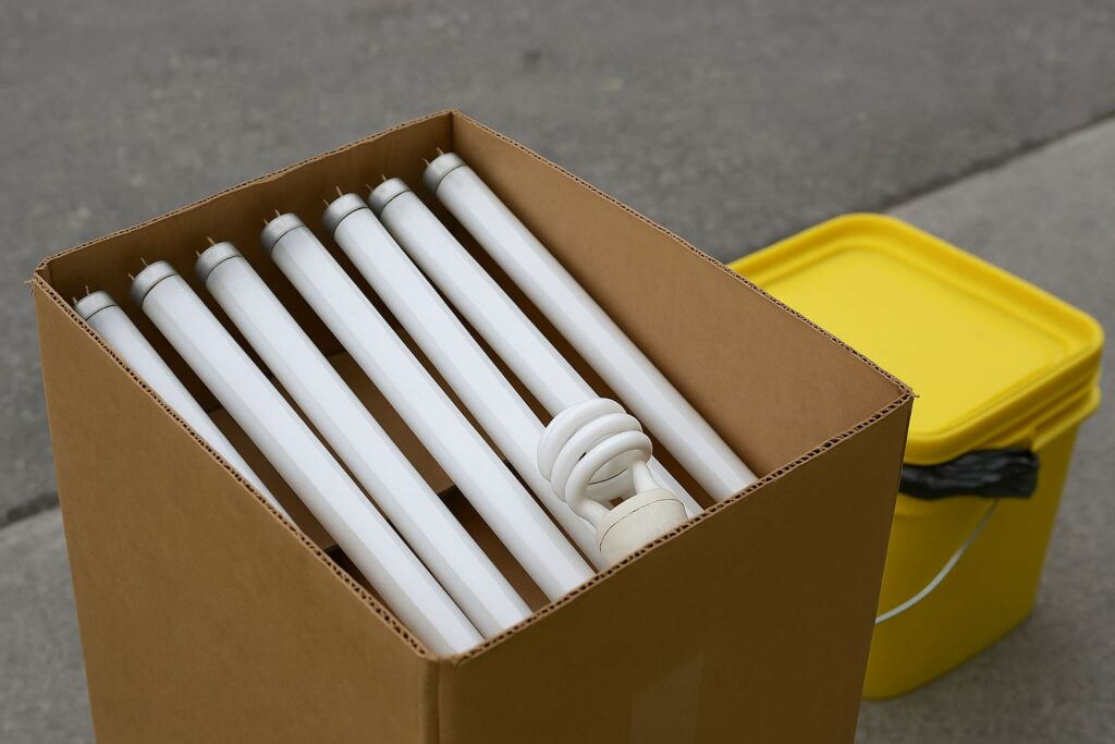 Cardboard box filled with fluorescent light tubes and a CFL bulb placed on a concrete surface beside a yellow container, illustrating safe fluorescent light bulb disposal in Winnipeg.