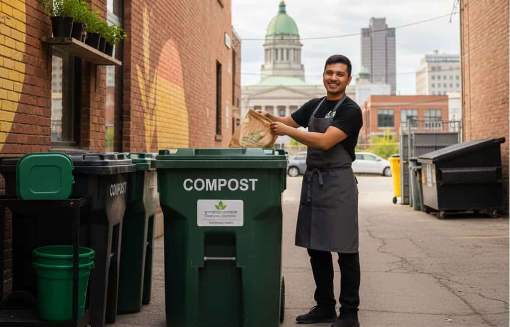 Green organic waste bin and compost service in Winnipeg for restaurants, illustrating how to reduce food waste.