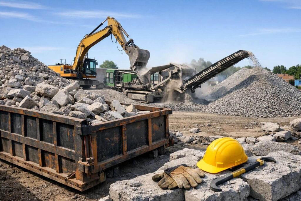 Concrete recycling bins at a Canadian recycling yard with broken concrete being crushed into reusable aggregate, showing how concrete recycling bins in Canada are used for construction waste management.