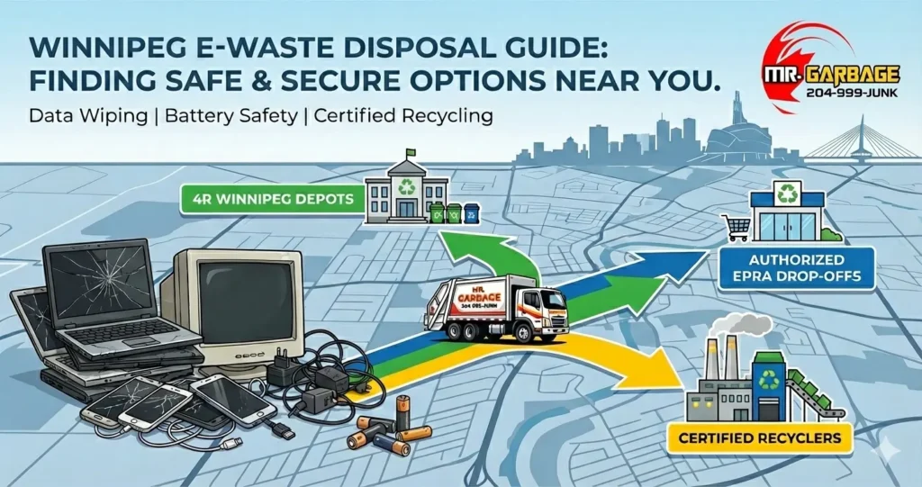 Winnipeg E-Waste Disposal Guide infographic by Mr. Garbage, illustrating safe disposal options for electronics like 4R Depots, EPRA drop-offs, and certified recyclers in Winnipeg.