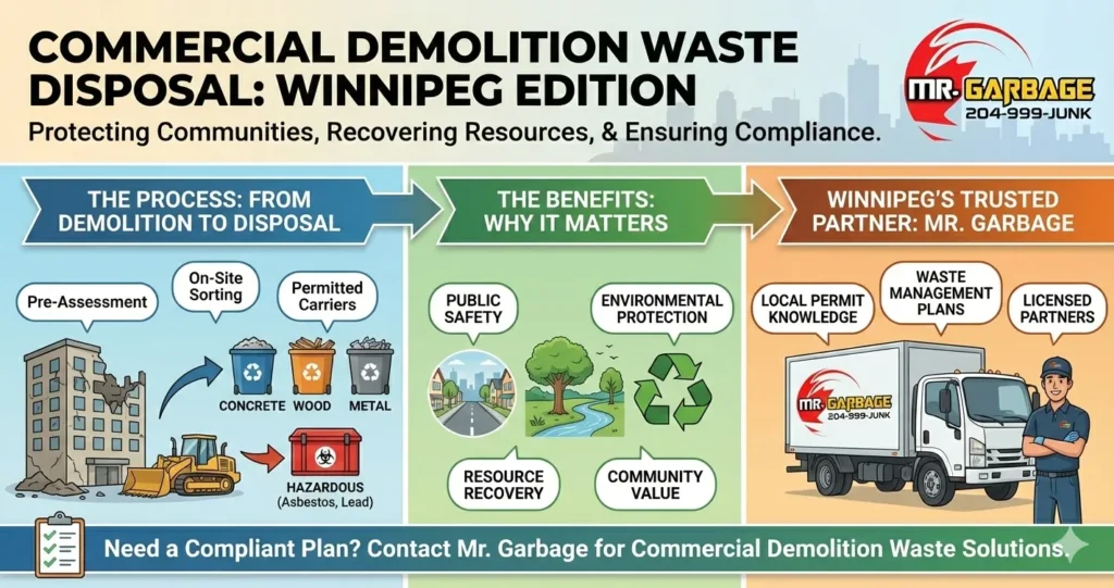 Infographic titled "Commercial Demolition Waste Disposal: Winnipeg Edition" by Mr. Garbage, illustrating the three-stage process from demolition and sorting to the benefits of safety and resource recovery, and finally highlighting Mr. Garbage as a trusted partner for compliant waste management plans and licensed carriers.