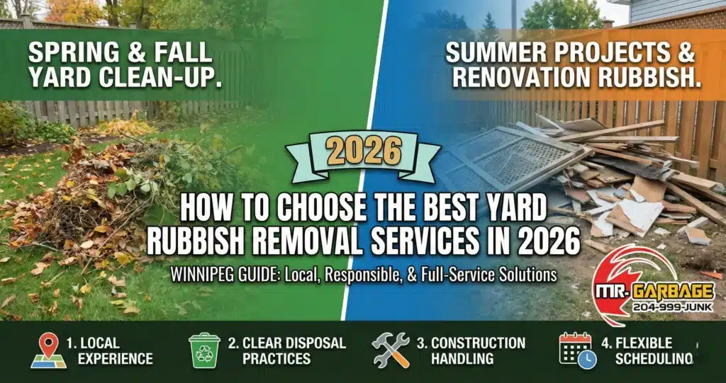 Feature image for Mr. Garbage's blog post "How to Choose the Best Yard Rubbish Removal Services in 2026," illustrating spring/fall yard clean-up waste alongside summer renovation construction debris in Winnipeg, emphasizing local, responsible, and full-service solutions.