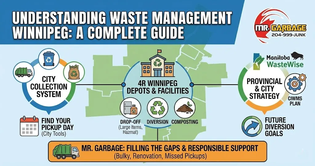 Infographic guide titled "UNDERSTANDING WASTE MANAGEMENT WINNIPEG: A COMPLETE GUIDE" by Mr. Garbage. It details the City Collection System, finding pickup days, 4R Winnipeg Depots for drop-offs and diversion, Provincial Strategies like Manitoba WasteWise and CIWMS, and how Mr. Garbage fills service gaps for bulky items, renovation waste, and missed pickups.