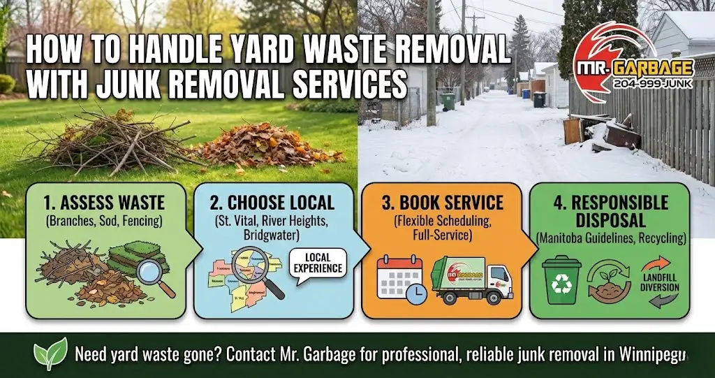 Mr. Garbage's infographic outlines a four-step process for Winnipeg yard waste removal using local junk removal services, covering debris assessment in neighborhoods like St. Vital and Bridgwater, booking flexible collection, and ensuring responsible disposal through recycling and landfill diversion.