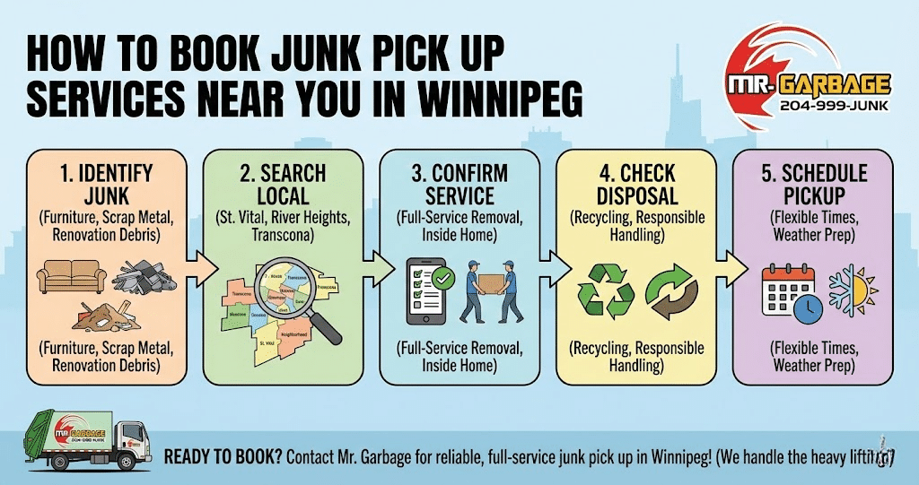 Infographic titled 'HOW TO BOOK JUNK PICK UP SERVICES NEAR YOU IN WINNIPEG' by Mr. Garbage. The five-step visual guide details identifying junk, searching locally in neighborhoods like St. Vital, confirming full-service removal, checking responsible recycling practices, and scheduling a flexible pickup. It concludes with a call to contact Mr. Garbage for reliable service.