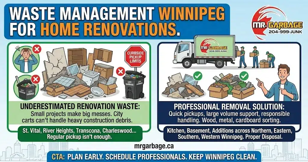 Infographic titled "Waste Management Winnipeg for Home Renovations" by Mr. Garbage, contrasting the limitations of regular city garbage carts for heavy construction debris.