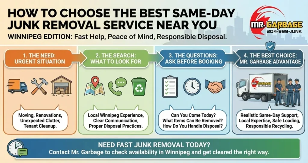 Infographic guide by Mr. Garbage titled "How to Choose the Best Same-Day Junk Removal Service Near You in Winnipeg," illustrating a four-step process from identifying urgent needs like moving or renovations to selecting a local, responsible provider like Mr. Garbage for realistic same-day support and safe disposal.