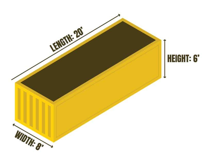Illustration of a 20-foot long, 8-foot wide, 6-foot high garbage bin for junk removal and bin rental services in Canada