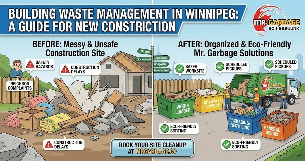 Infographic titled "Building Waste Management in Winnipeg" by Mr. Garbage, contrasting a messy, unsafe construction site with an organized, eco-friendly solution featuring scheduled debris pickups and sorted recycling bins for wood, drywall, and general waste across local neighborhoods.