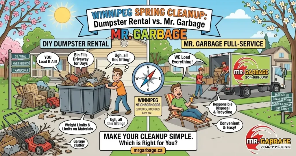 Gemini said Mr. Garbage infographic comparing DIY dumpster rentals to full-service junk removal in Winnipeg for spring cleanup, highlighting easy, same-day waste disposal.