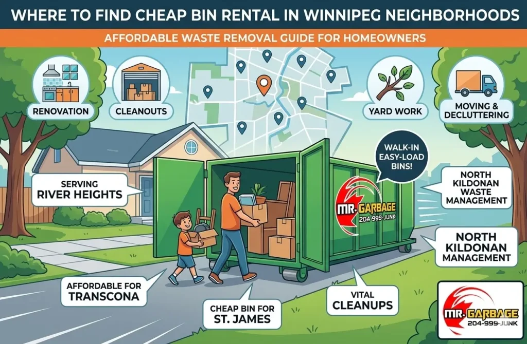 A family loads a green Mr. Garbage walk-in cheap bin rental in Winnipeg. Affordable waste removal for home renovations, neighborhood cleanouts, and yard work.