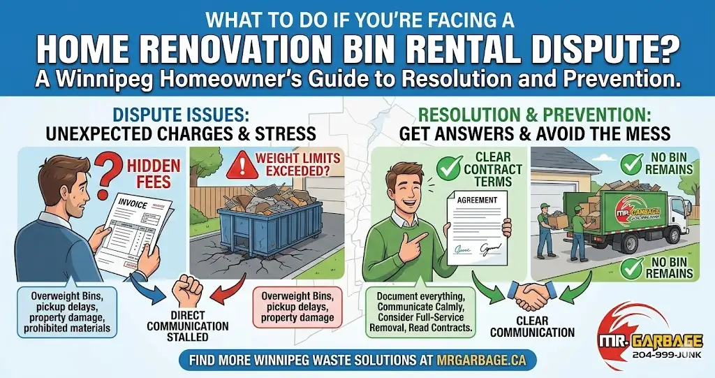 Infographic guide by Mr. Garbage detailing how Winnipeg homeowners can resolve and prevent a home renovation bin rental dispute. The left side highlights common issues like hidden fees, overweight bins causing driveway damage, and pickup delays.