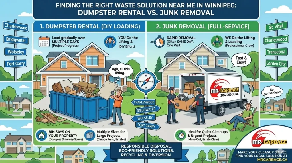 Mr. Garbage infographic comparing Winnipeg dumpster rentals to full-service junk removal for easy, eco-friendly waste disposal across all local neighborhoods.