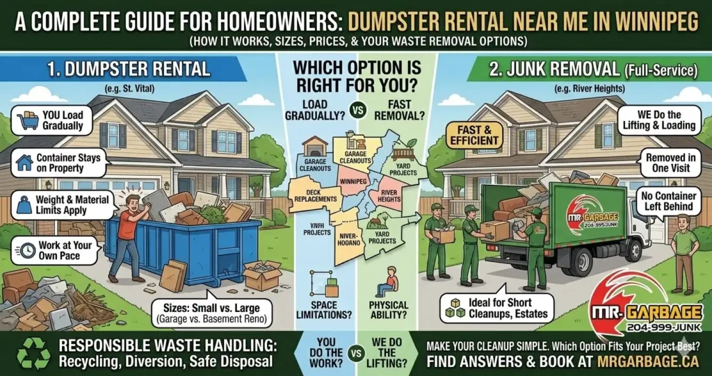 Mr. Garbage infographic guiding Winnipeg homeowners by comparing DIY dumpster rentals to full-service junk removal for easy and responsible waste handling.