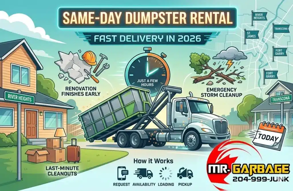 Mr. Garbage same-day dumpster rental in Winnipeg for 2026. Fast delivery truck for home renovations, storm cleanup, and last-minute residential cleanouts.