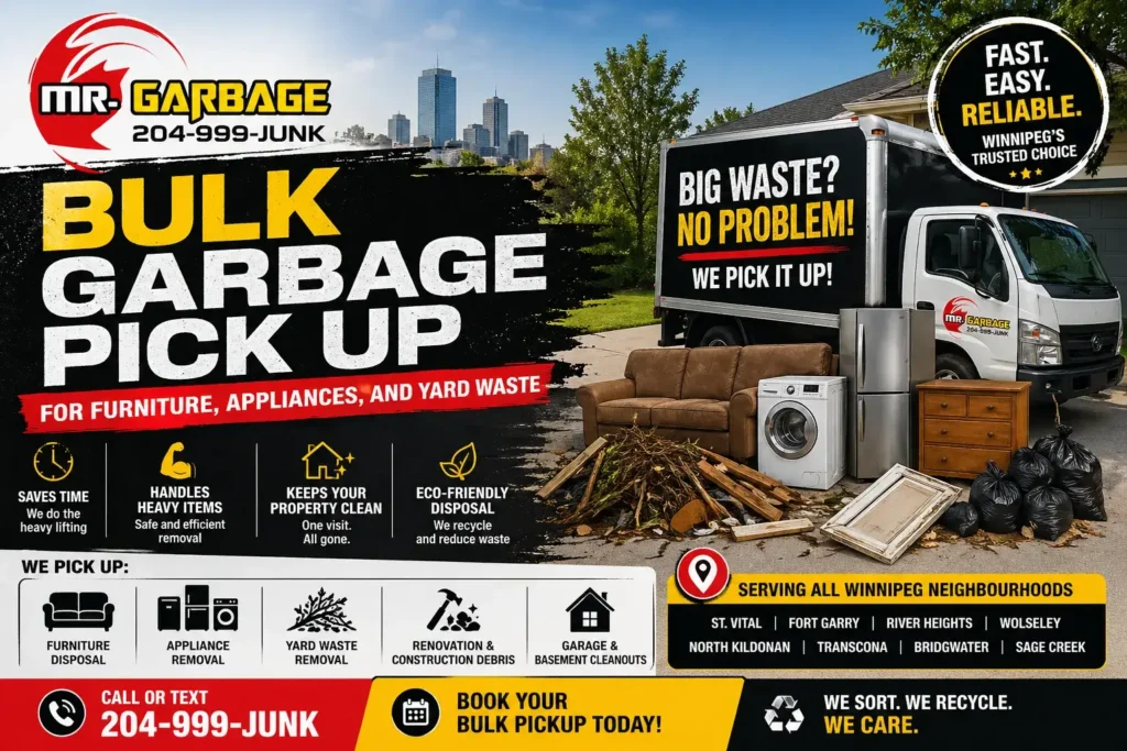 Bulk garbage pickup service in Winnipeg with Mr. Garbage truck removing furniture, appliances, and yard waste from residential home, fast and eco-friendly cleanup