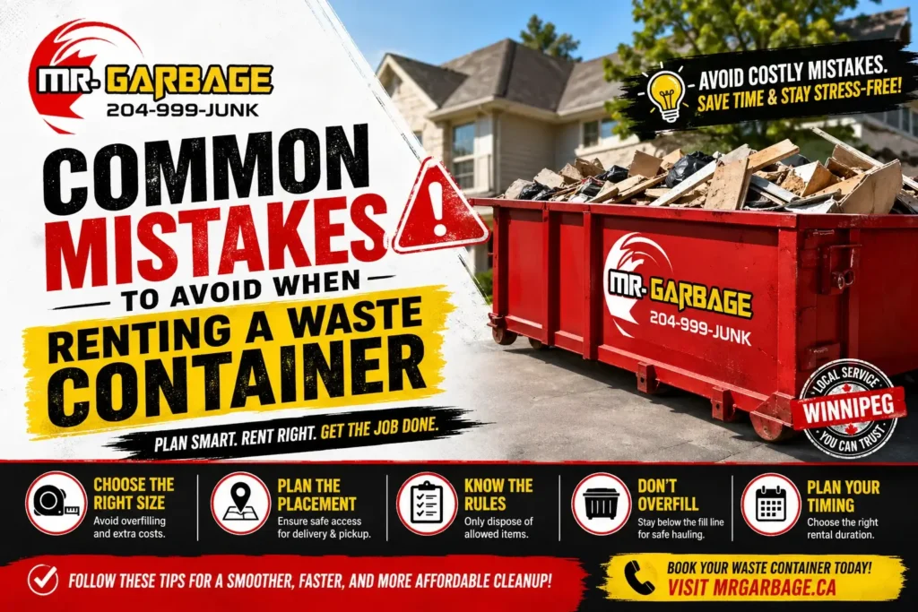 Common mistakes to avoid when renting a waste container in Winnipeg, featuring Mr. Garbage bin rental, size tips, placement, and safe waste disposal guidelines