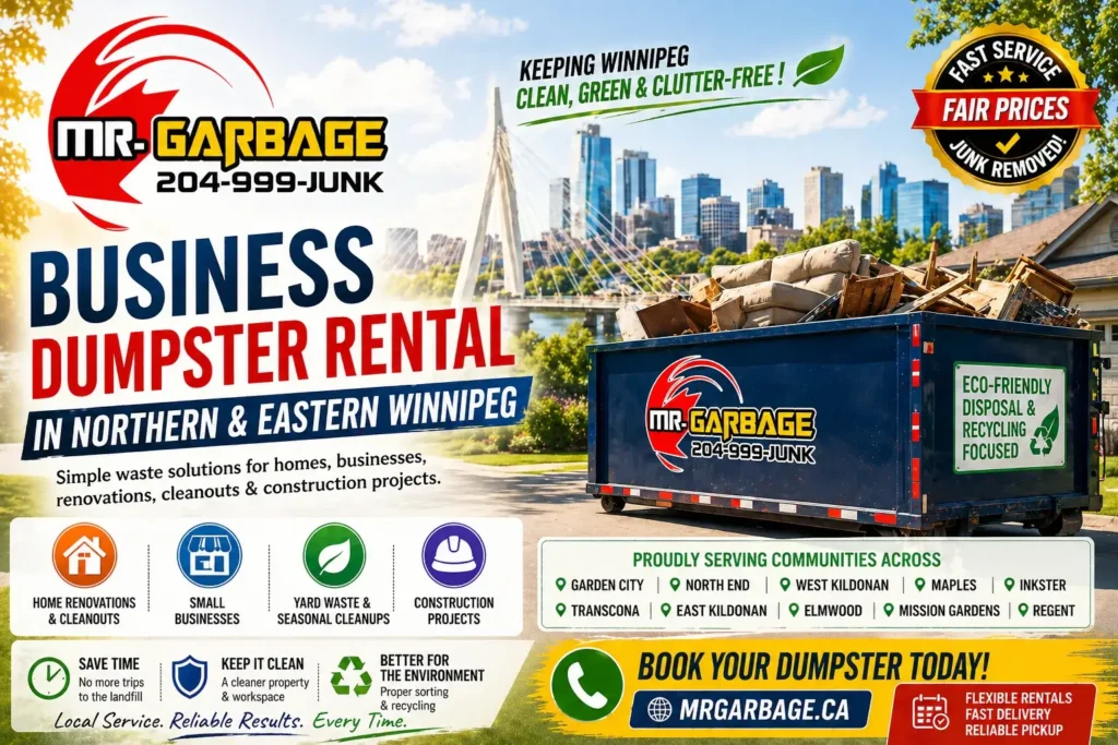 Business dumpster rental in Northern and Eastern Winnipeg featuring Mr. Garbage, a bright light-themed promotional banner with dumpster, city skyline, eco-friendly waste disposal, and service areas including Garden City, North End, Transcona, and East Kildonan.