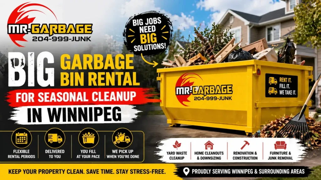 Large yellow garbage bin filled with yard waste in Winnipeg driveway, promoting big garbage bin rental for seasonal cleanup, featuring Mr. Garbage logo and services