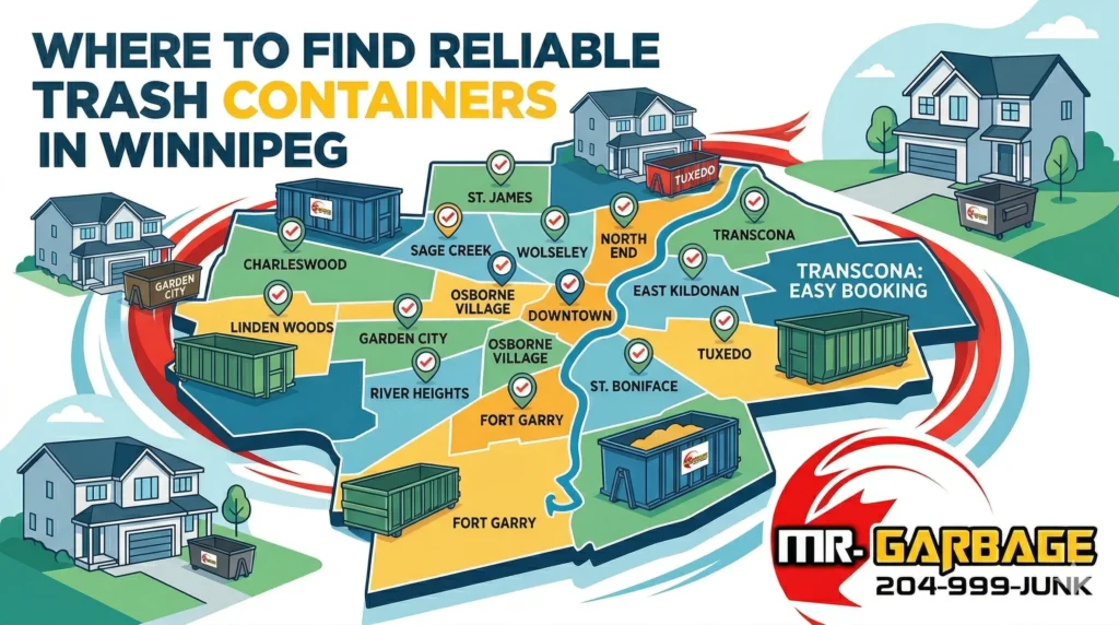 Map of Winnipeg highlighting reliable construction trash container rentals across local neighborhoods, featuring Mr. Garbage bins for your home renovations.