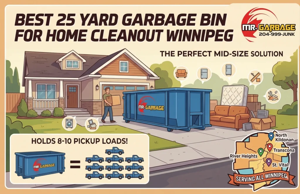 Rent the best 25 yard garbage bin for home cleanouts in Winnipeg with Mr. Garbage. This mid-size bin holds 8-10 pickup loads and fits right in your driveway.