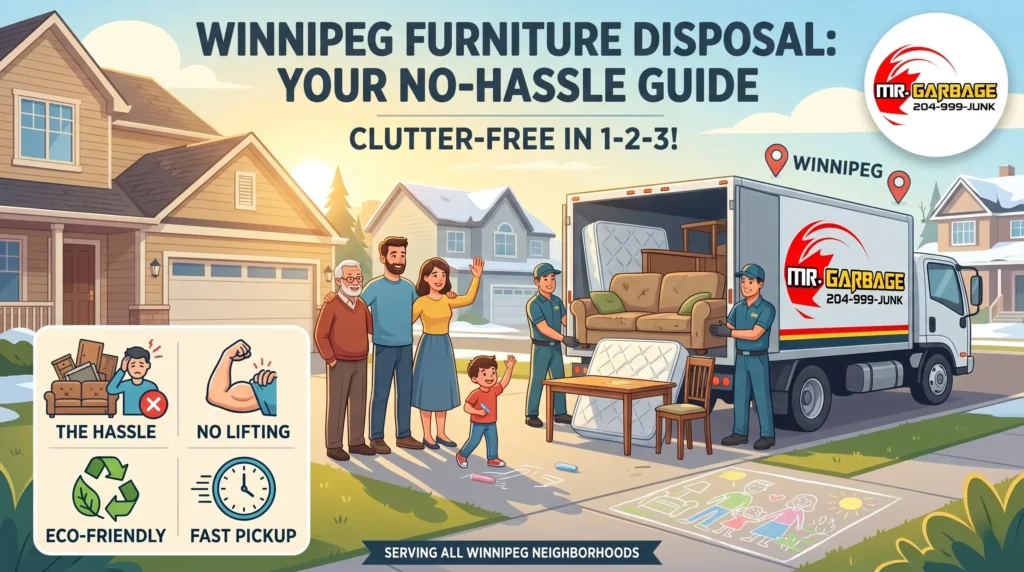 A Winnipeg family using Mr. Garbage for stress-free old furniture disposal and bulky waste removal in their neighborhood.