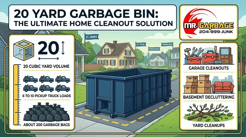 Visual guide to a 20 yard garbage bin rental in Winnipeg, illustrating its size, volume capacity, and best uses for home cleanout projects.