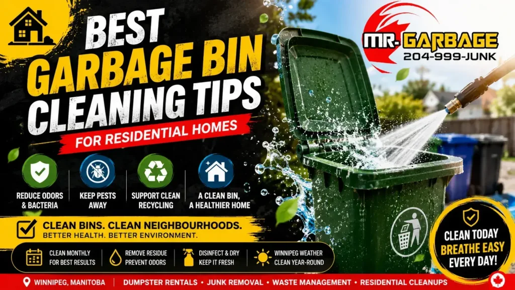 Garbage bin cleaning tips feature image showing a residential trash bin being pressure washed with Mr. Garbage logo in Winnipeg, Manitoba.
