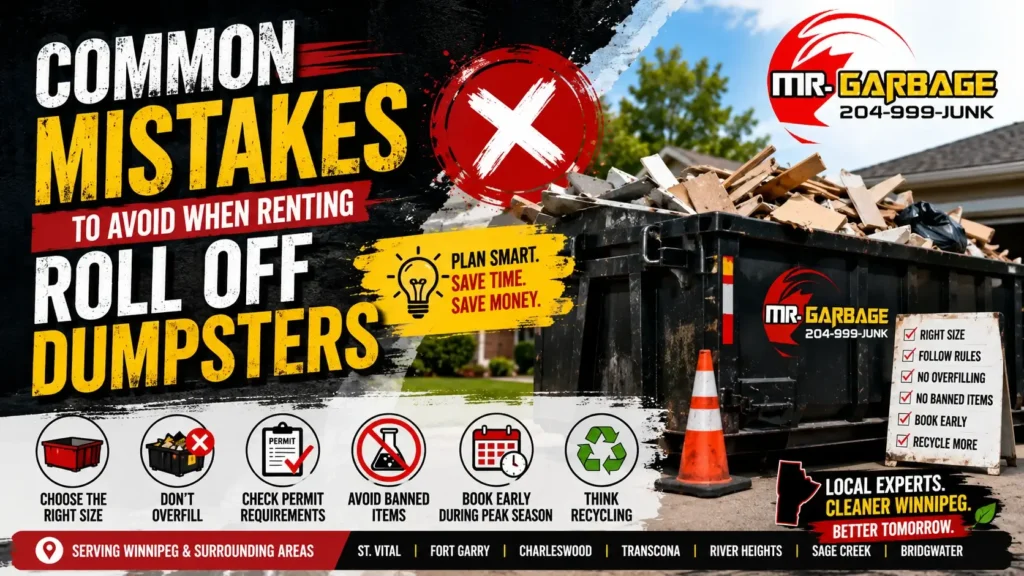 Feature image for roll off dumpster rental mistakes in Winnipeg showing overloaded dumpster, permit tips, recycling icons, and MR. Garbage logo.