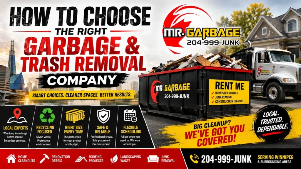 Feature image for garbage and trash removal company in Winnipeg showing dumpster rental, junk removal, recycling, and construction cleanup services.
