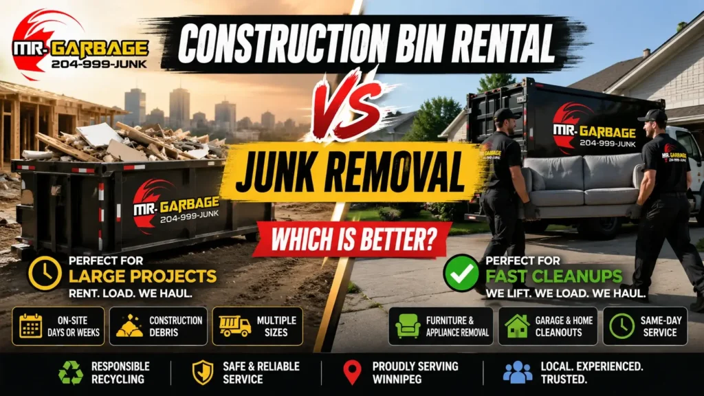 Construction bin rental vs junk removal in Winnipeg featuring Mr. Garbage dumpster, renovation debris, and fast cleanup services for homeowners.