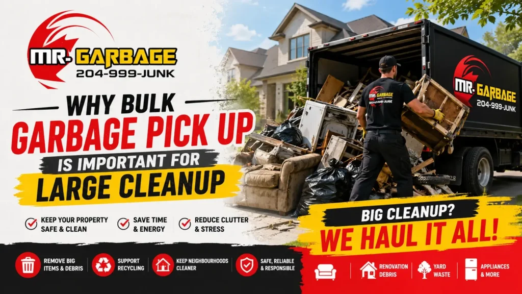 Mr. Garbage bulk garbage pick up service in Winnipeg showing junk removal, renovation debris cleanup, recycling, and large residential waste hauling.