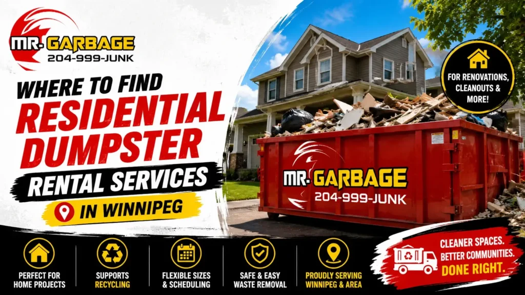 Residential dumpster rental services in Winnipeg featuring Mr. Garbage bin for home renovations, junk removal, recycling, and residential cleanup projects.