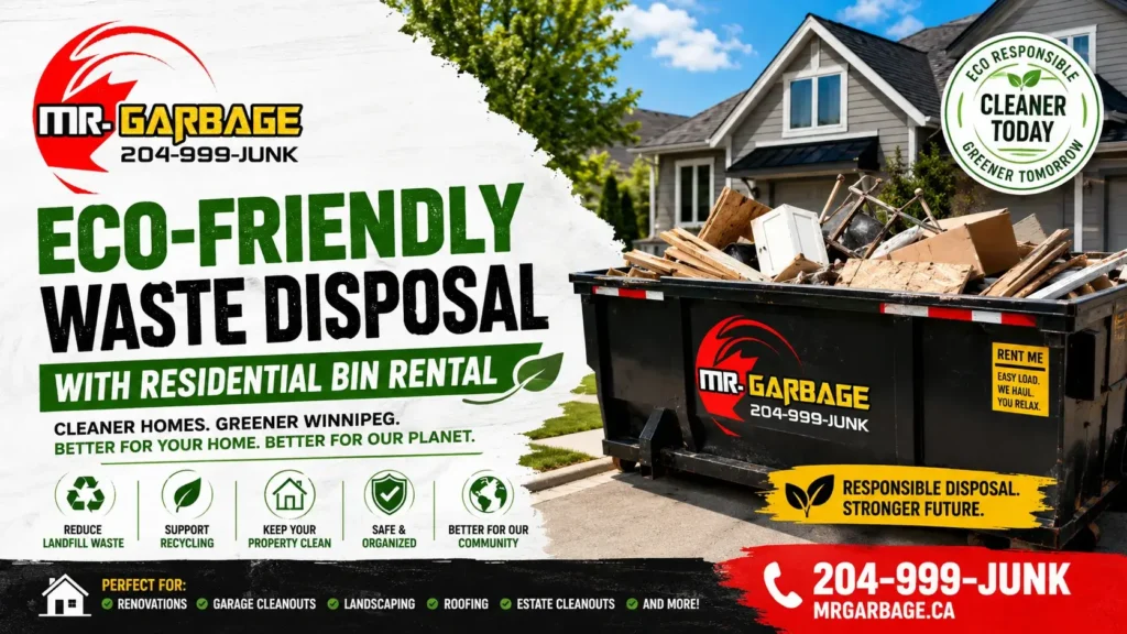 Eco-friendly residential bin rental dumpster by Mr. Garbage Winnipeg placed outside a clean suburban home during a renovation cleanup project.